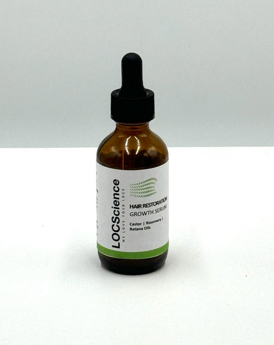 A bottle of LOCScience Hair Restoration Growth Serum on a white background. Natural Hair Growth Products