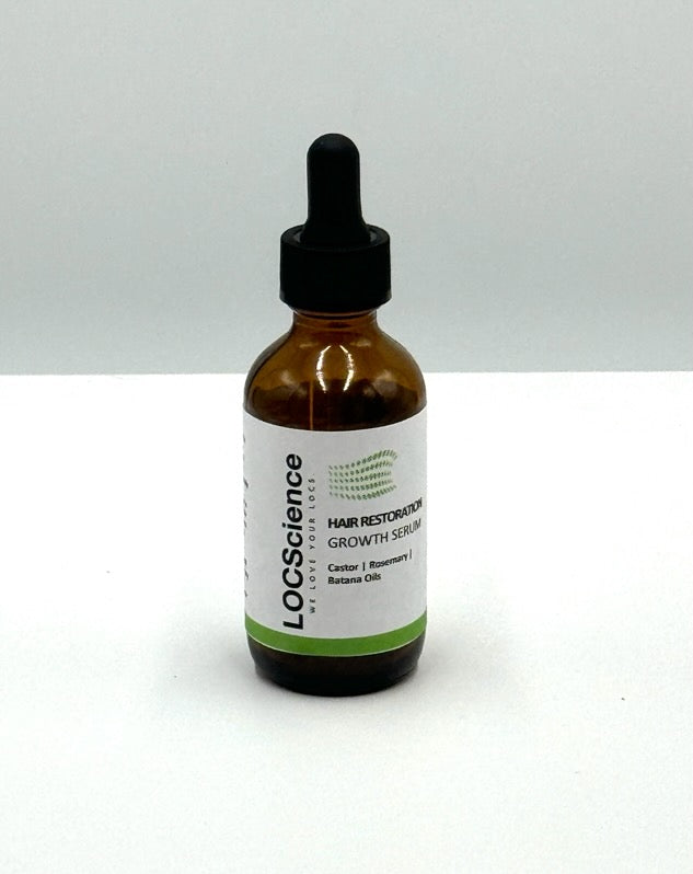 Hair Restoration Growth Serum product photo prompt: a premium, minimalist dropper bottle labeled Hair Restoration Growth Serum placed on a clean stone tray with subtle botanical elements (lightweight oils, herbs) and a soft neutral towel; spa-like luxury styling, shallow depth of field, diffused window light, editorial product photography aesthetic.